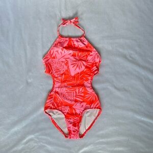 Old Navy Girls Palm Print cut-out halter tie neck one piece swimsuit
